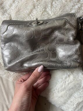 Coach Metallic Pewter Signature Leather Wristlet